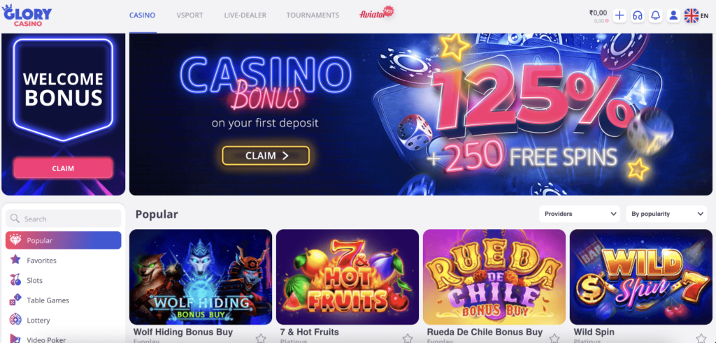 Glory Casino main page