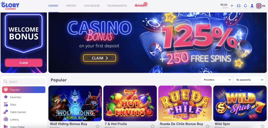 Glory Casino main page